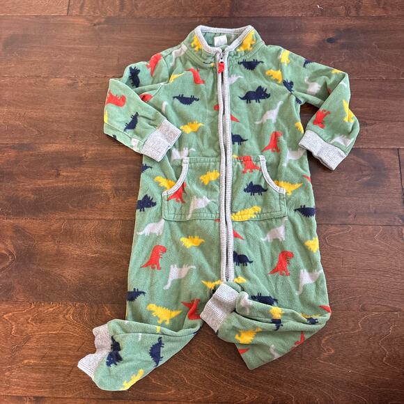 Carter's Boys 18 Month Romper Outfit Fleece One Piece Green Dinosaurs Zip Up - Picture 1 of 4